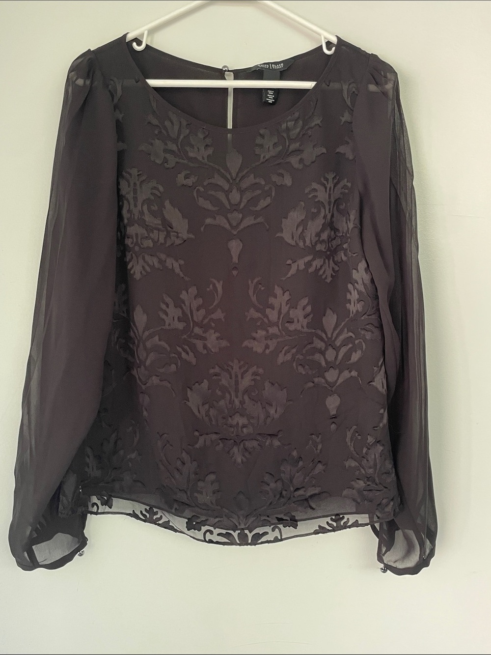 White House Black Market Women’s Black Damask Sheer Blouse 6